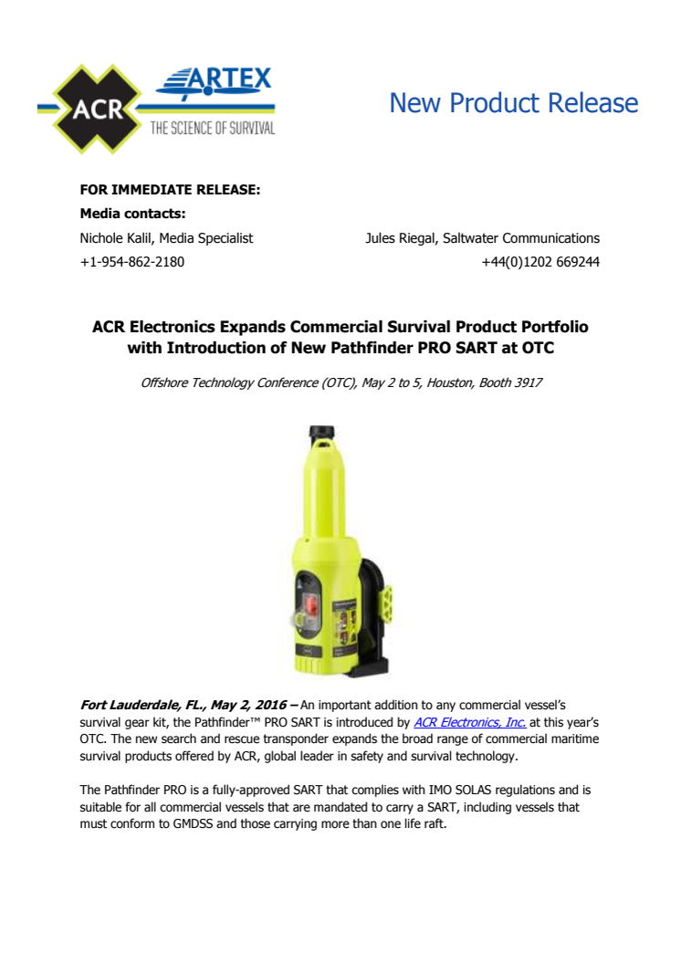 ACR Electronics Inc: Expands Commercial Survival Product Portfolio with Introduction of New Pathfinder Pro SART at OTC