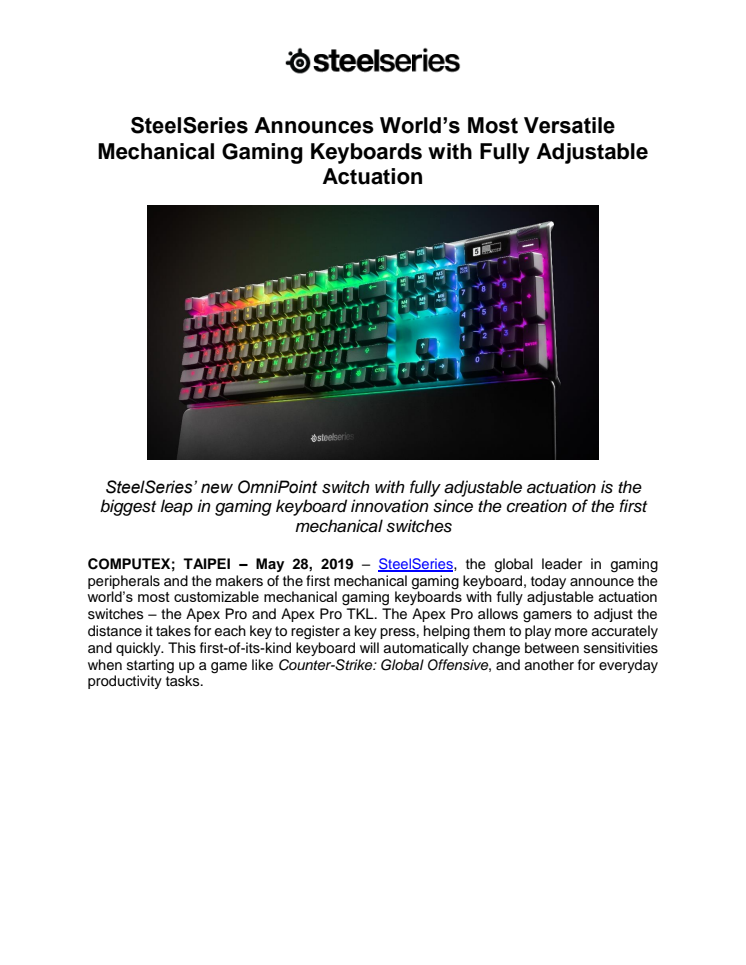    SteelSeries Announces World’s Most Versatile Mechanical Gaming Keyboards with Fully Adjustable Actuation 