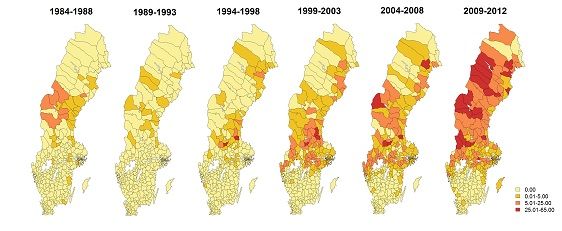 Kartor över antalet rapporterade fall av tularemi per 100 000 invånare per femårsperiod 1984 och 2012.