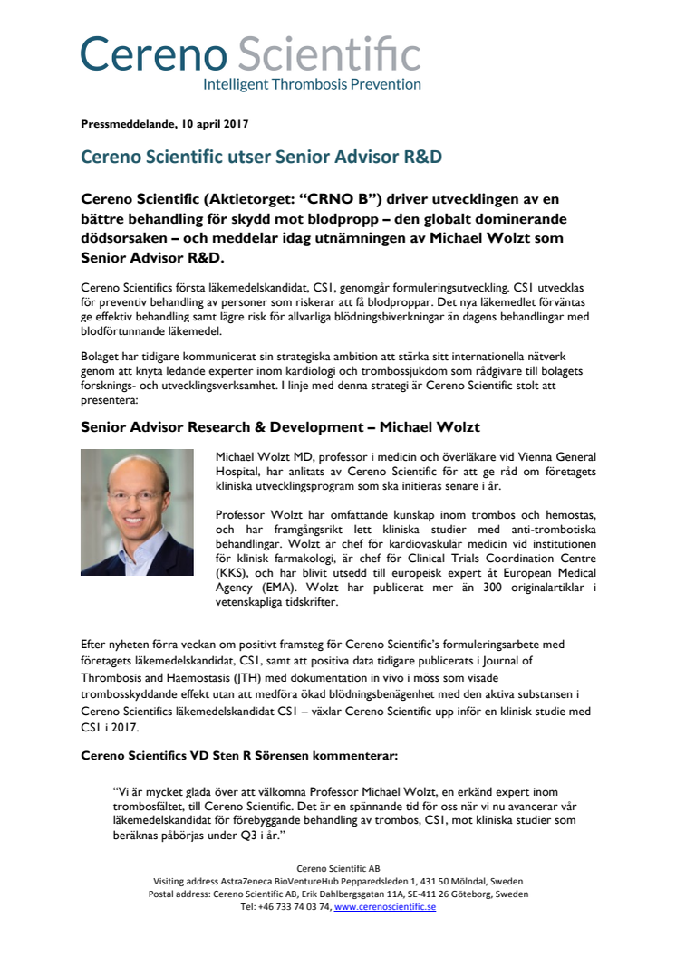 Cereno Scientific utser Senior Advisor R&D 