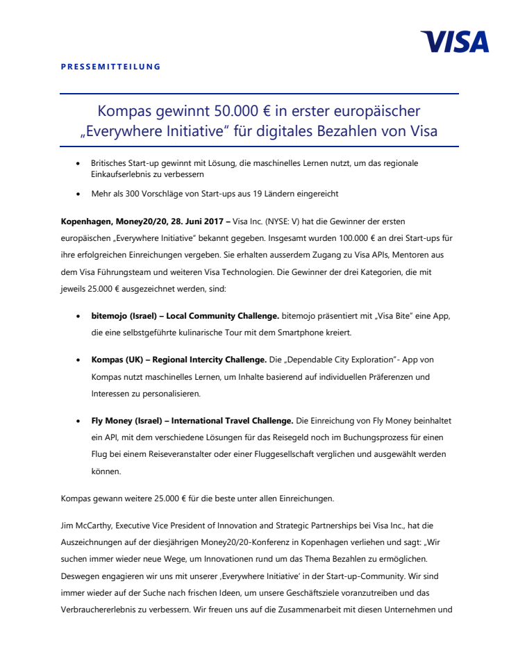 Kompas gewinnt 50.000 € in erster europäischer  „Everywhere Initiative“ für digitales Bezahlen von Visa