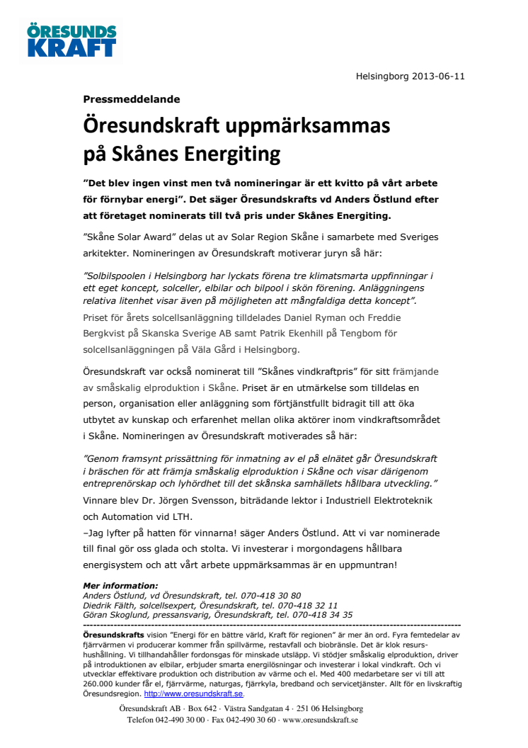 Öresundskraft uppmärksammas på Skånes Energiting