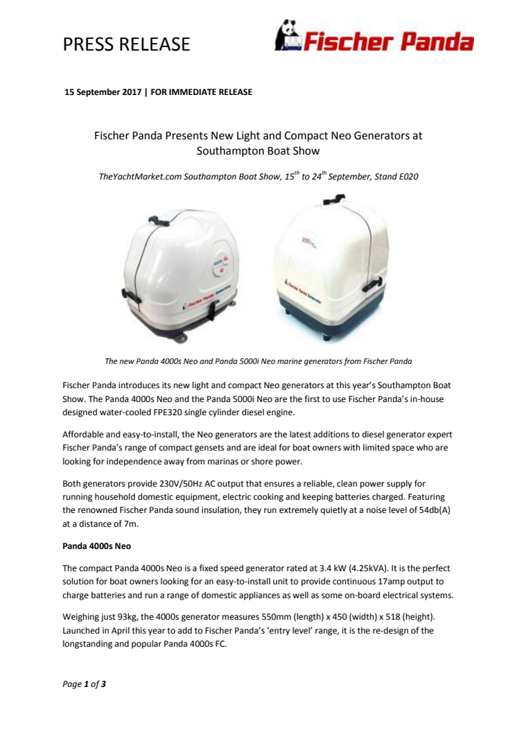 Fischer Panda Presents New Light and Compact Neo Generators at Southampton Boat Show