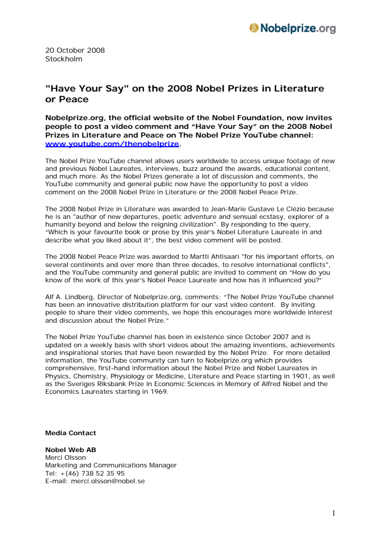 "Have Your Say" on the 2008 Nobel Prizes in Literature or Peace