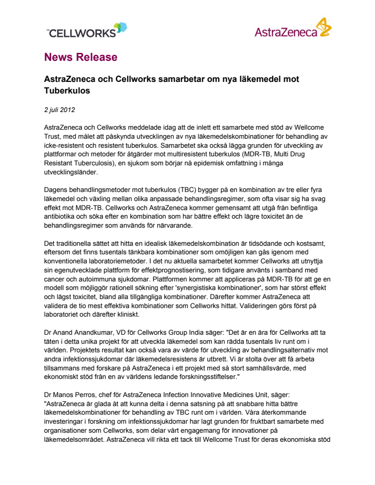 AstraZeneca och Cellworks samarbetar om nya läkemedel mot Tuberkulos