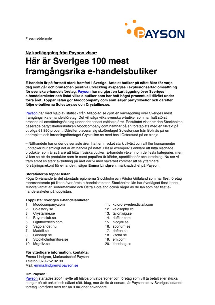 Ny kartläggning från Payson visar: Här är Sveriges 100 mest framgångsrika e-handelsbutiker