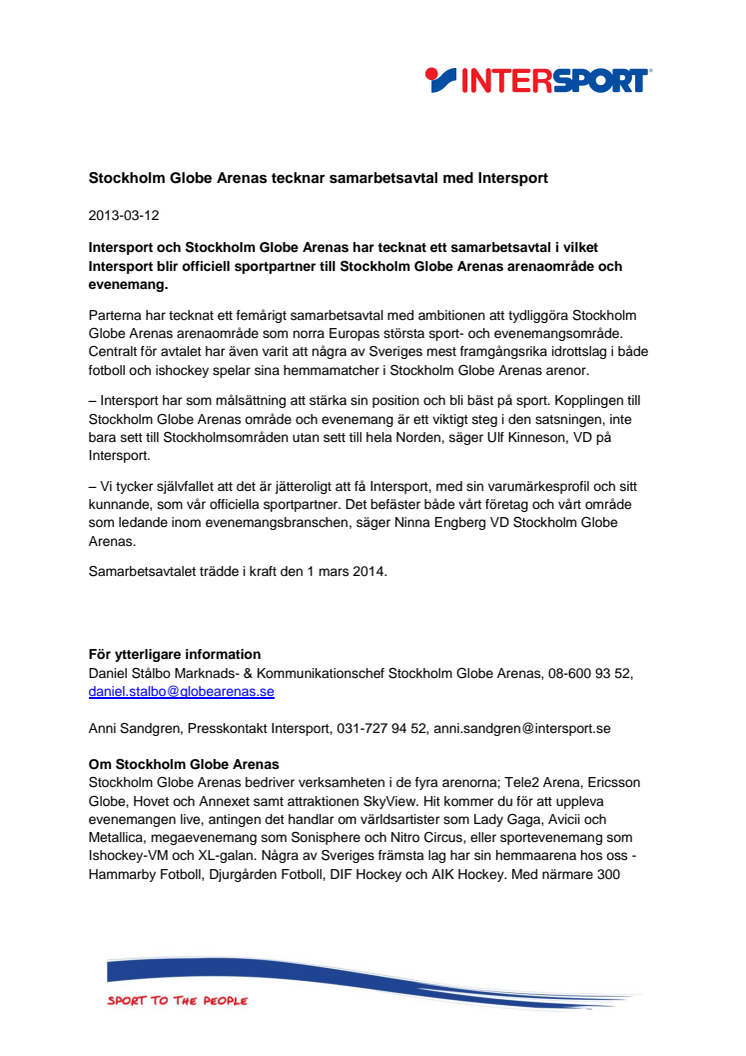 Stockholm Globe Arenas tecknar samarbetsavtal med Intersport 