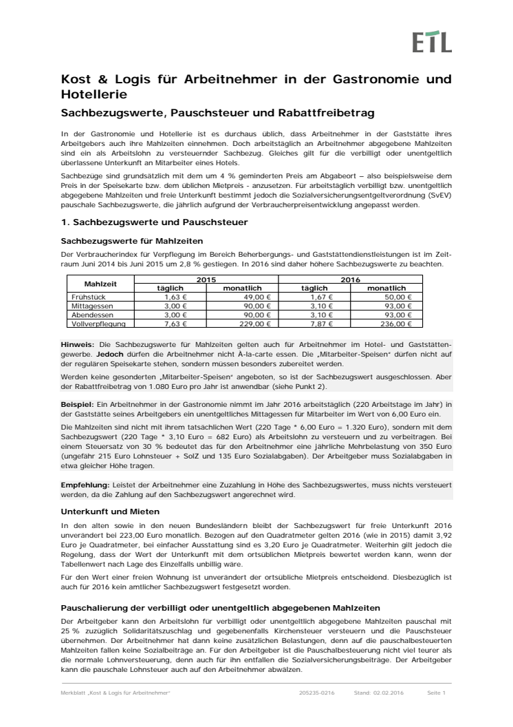 Kost & Logis für Arbeitnehmer in der Gastronomie und Hotellerie:  neues Merkblatt 2016