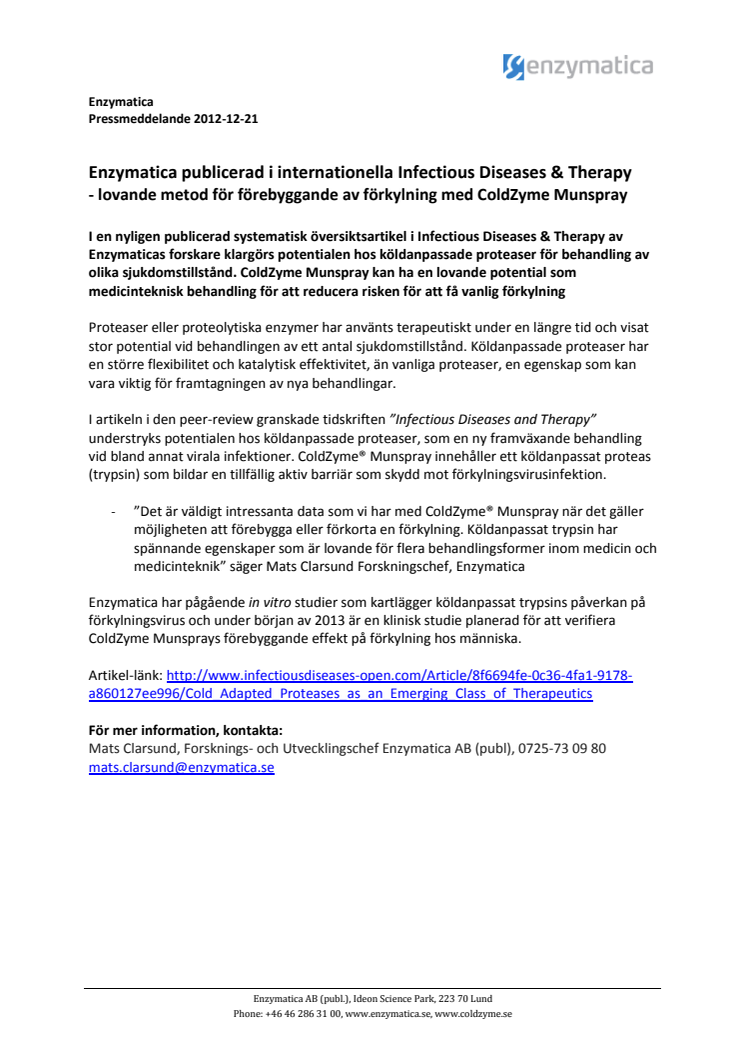 Enzymatica publicerad i internationella Infectious Diseases & Therapy - lovande metod för förebyggande av förkylning med ColdZyme Munspray