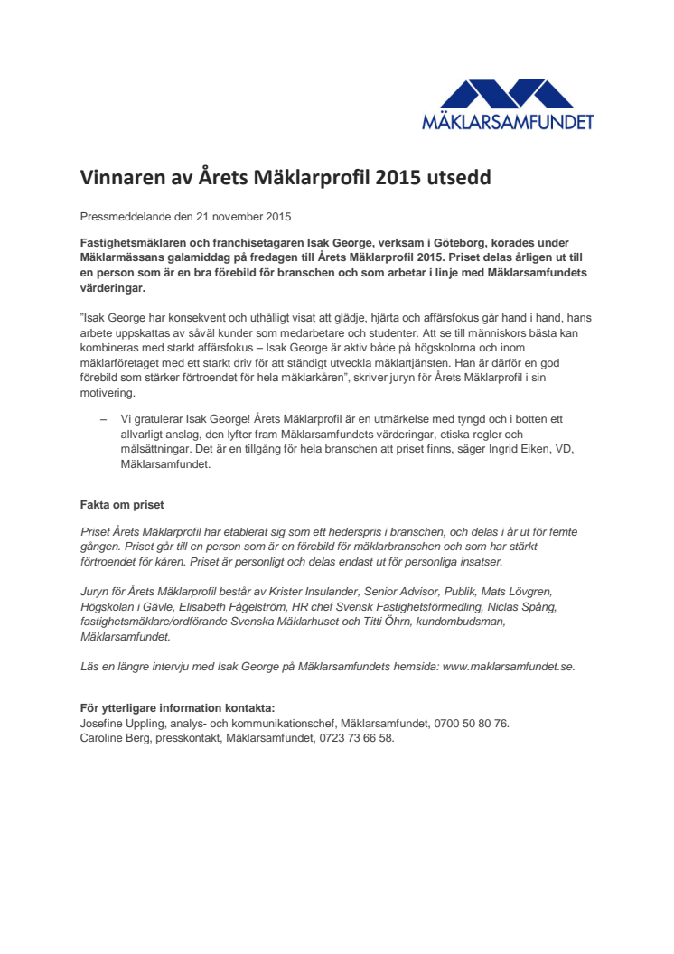 ​Vinnaren av Årets Mäklarprofil 2015 utsedd