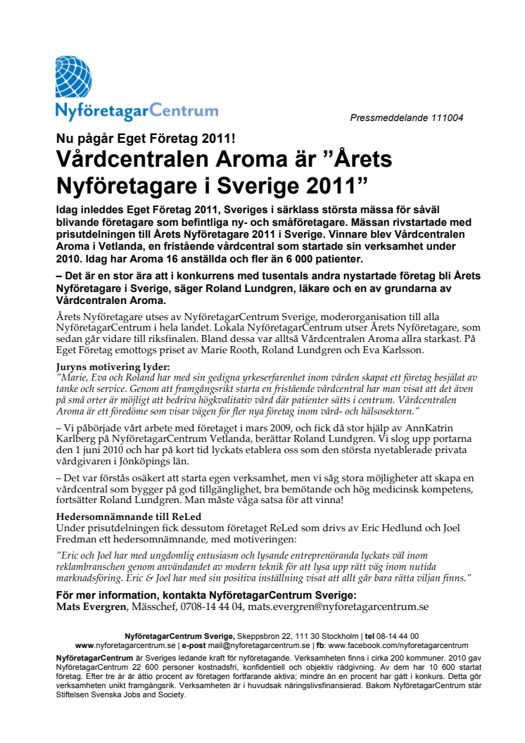Vårdcentralen Aroma är Årets Nyföretagare i Sverige 2011