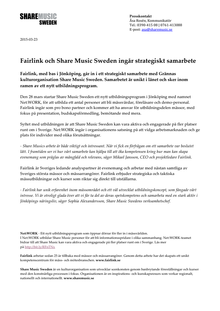 Fairlink och Share Music Sweden ingår strategiskt samarbete