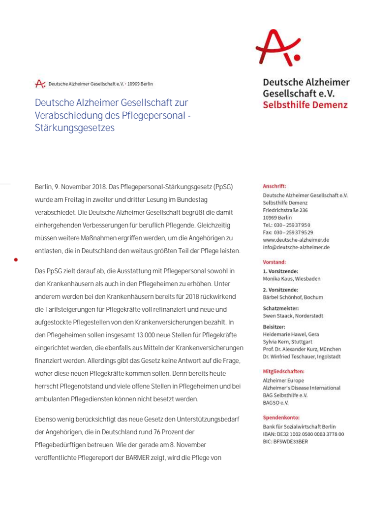 Deutsche Alzheimer Gesellschaft zur Verabschiedung des Pflegepersonal-Stärkungsgesetzes