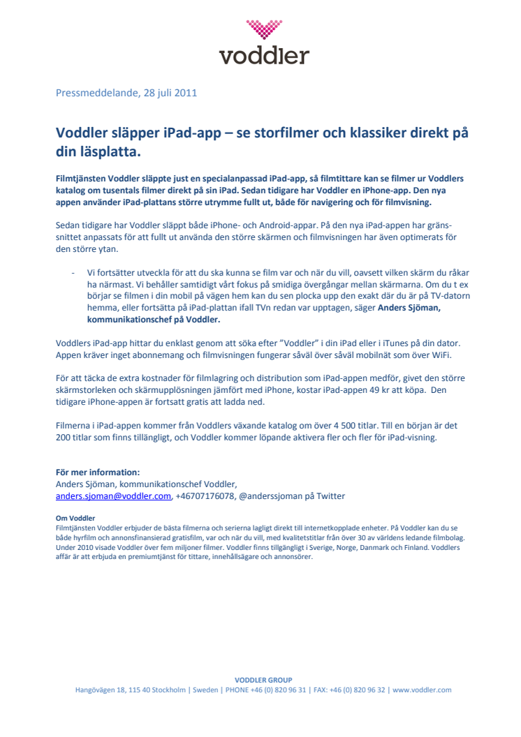 Voddler släpper iPad-app – se storfilmer och klassiker direkt på din läsplatta.