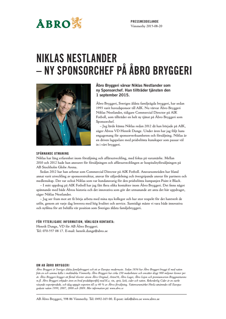 Niklas Nestlander ny Sponsorchef på Åbro Bryggeri
