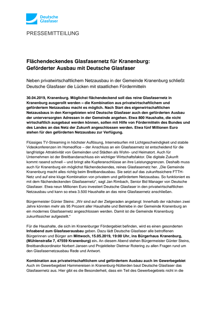 Flächendeckendes Glasfasernetz für Kranenburg: Geförderter Ausbau mit Deutsche Glasfaser