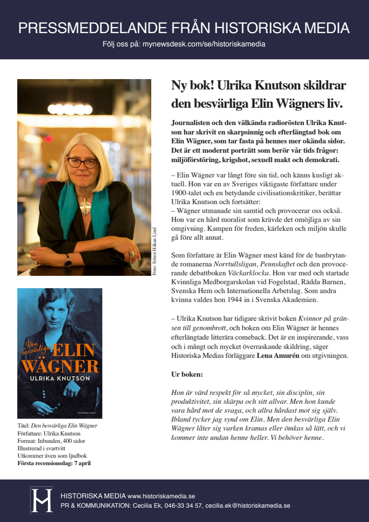 Ny bok! Ulrika Knutson skildrar den besvärliga Elin Wägners liv.