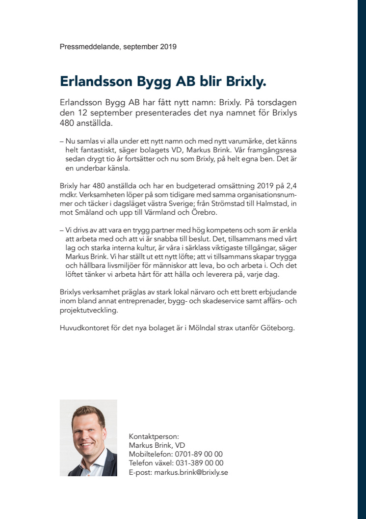 Erlandsson Bygg AB blir Brixly.