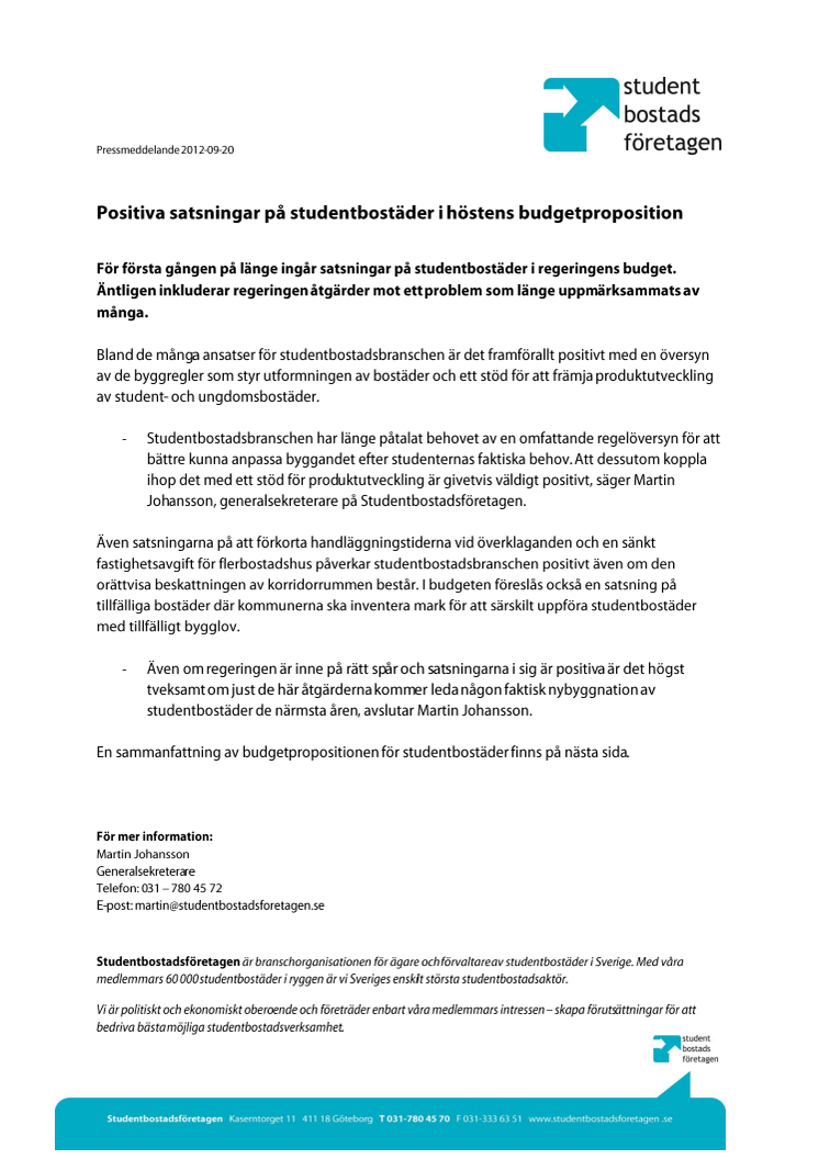 Positiva satsningar på studentbostäder i höstens budgetproposition