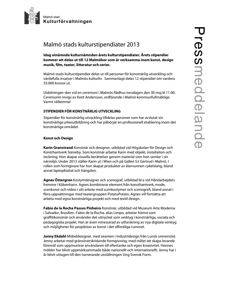 Malmö stads kulturstipendiater 2013 utsedda
