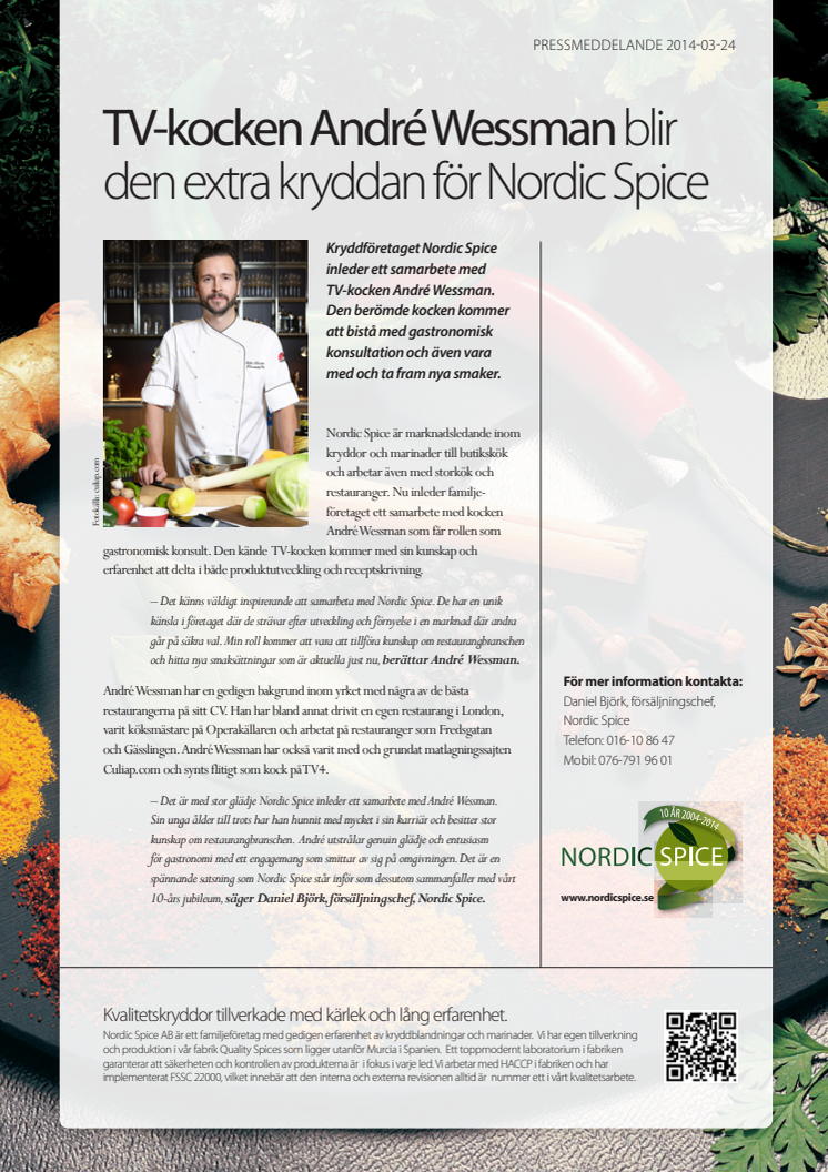 TV-kocken André Wessman blir den extra kryddan för Nordic Spice