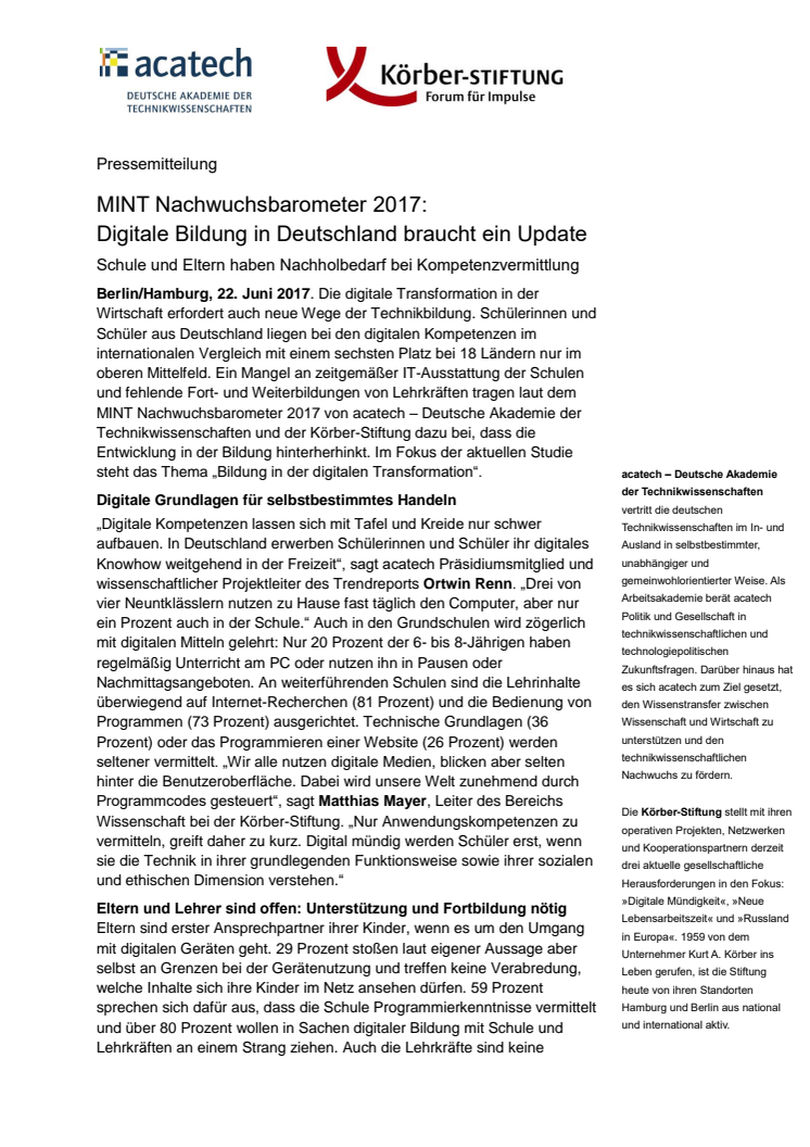 MINT Nachwuchsbarometer 2017:  Digitale Bildung in Deutschland braucht ein Update