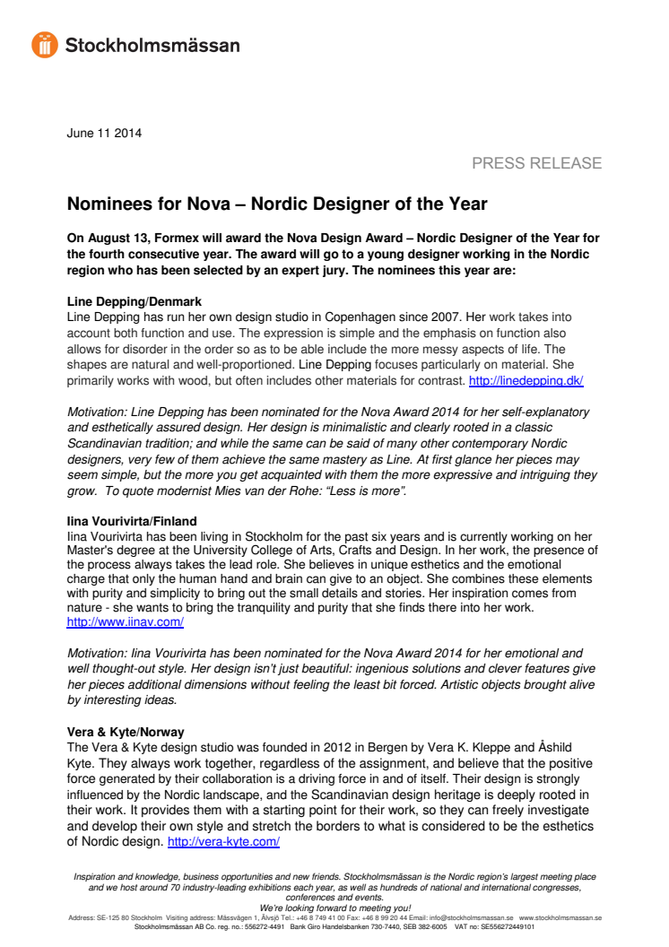 Nominees for Nova – Nordic Designer of the Year
