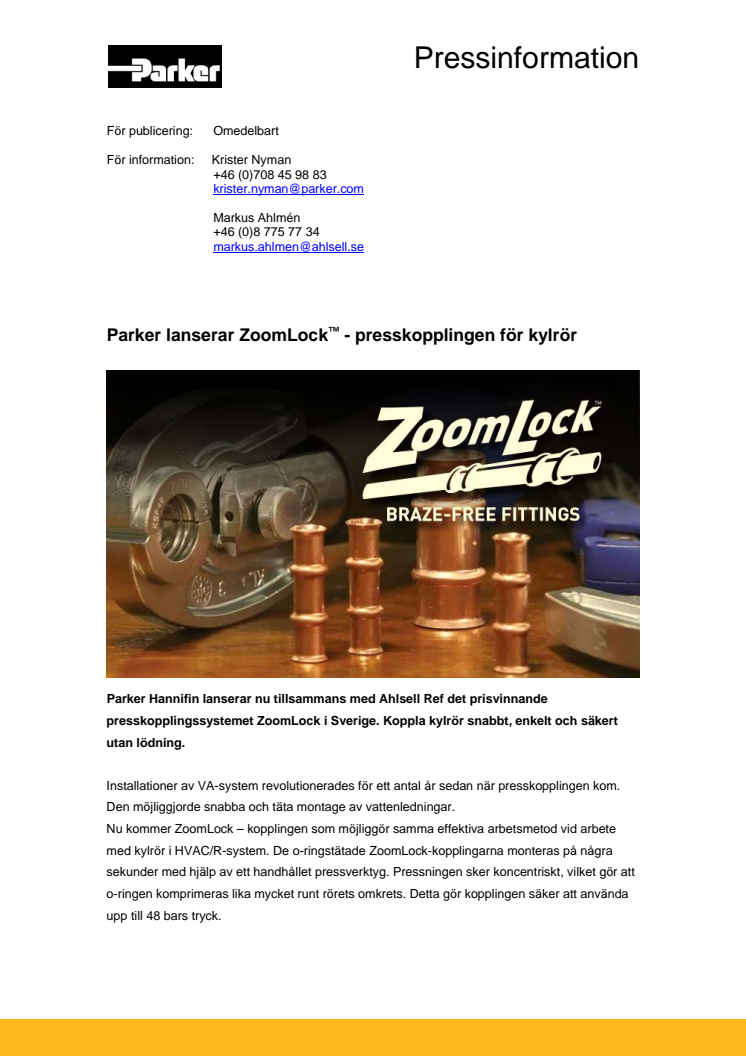 Parker lanserar ZoomLock™ - presskopplingen för kylrör