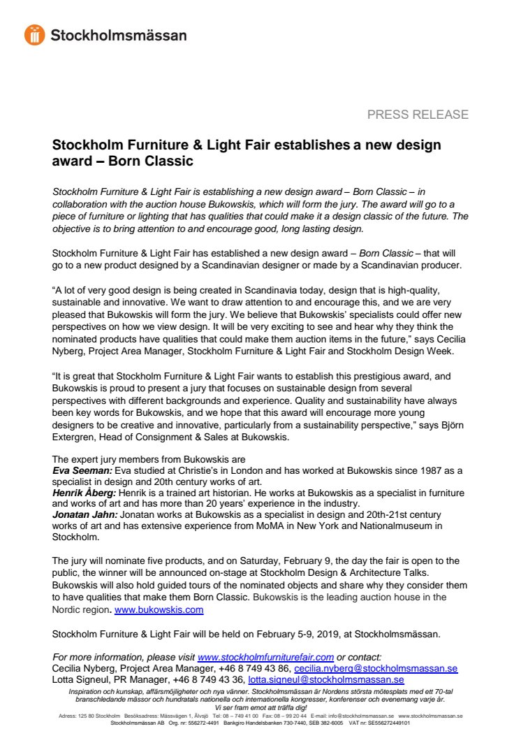 Stockholm Furniture & Light Fair establishes a new design award – Born Classic 