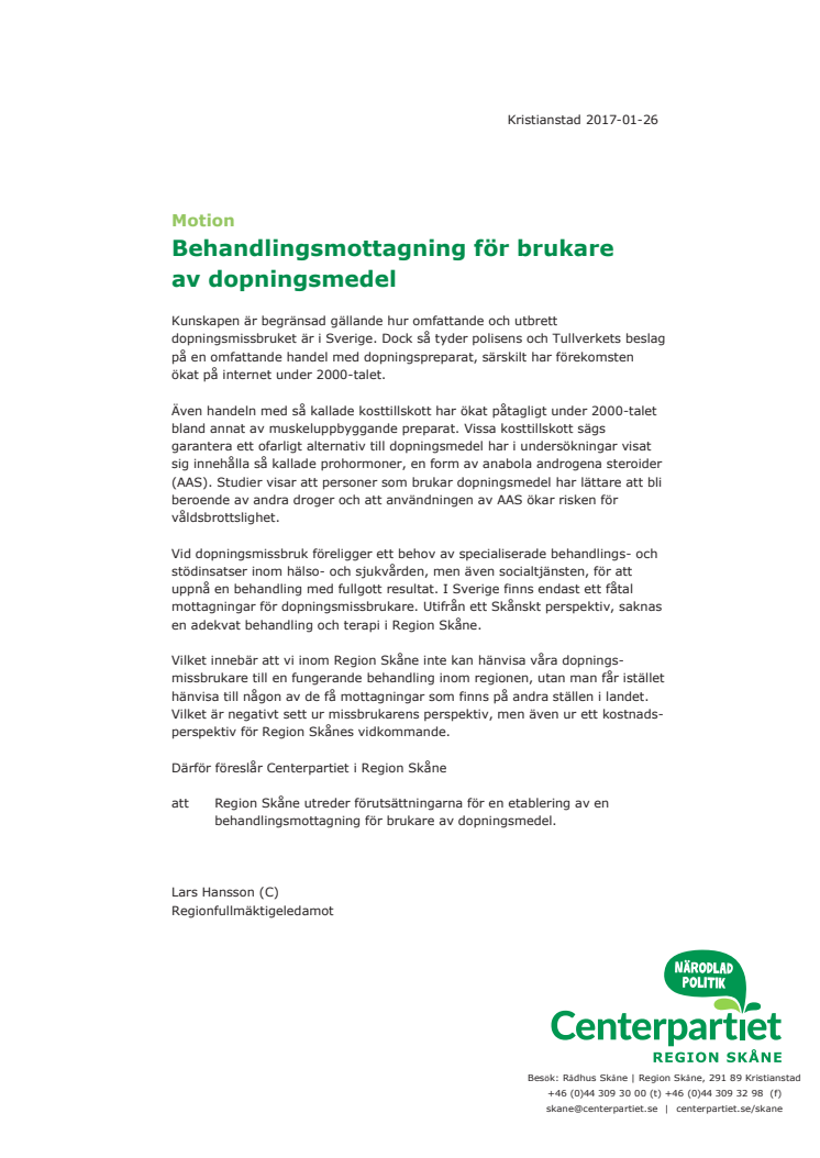 Motion - Behandlingsmottagning för brukare av dopningsmedel