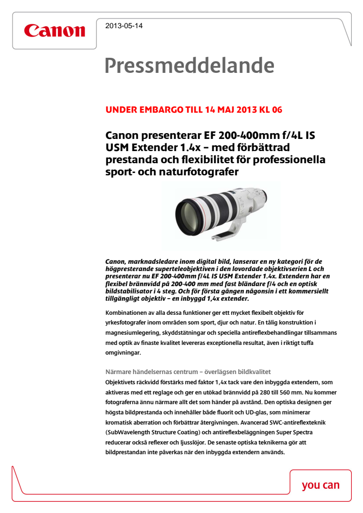 Canon presenterar EF 200-400mm f/4L IS USM Extender 1.4x – med förbättrad prestanda och flexibilitet för professionella sport- och naturfotografer