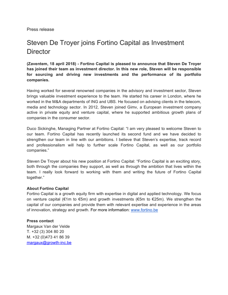 Steven De Troyer joins Fortino Capital as Investment Director