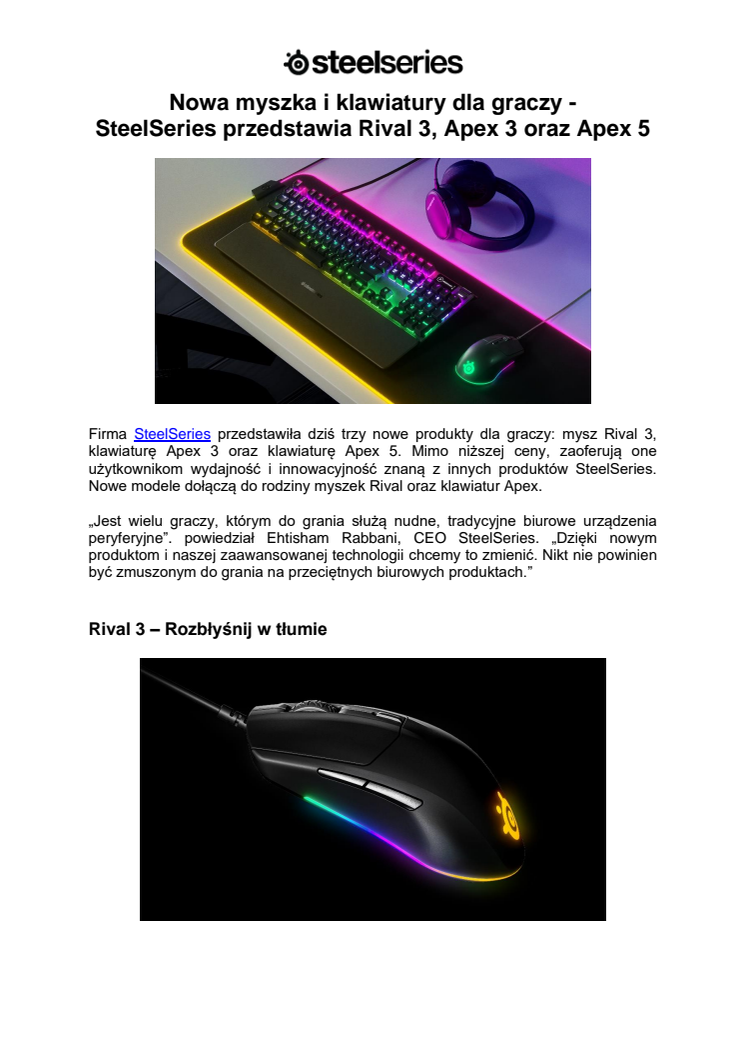 Nowa myszka i klawiatury dla graczy - SteelSeries przedstawia Rival 3, Apex 3 oraz Apex 5