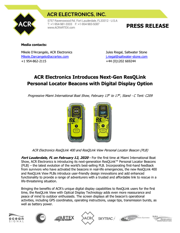 ACR Electronics Introduces Next-Gen ResQLink Personal Locator Beacons with Digital Display Option