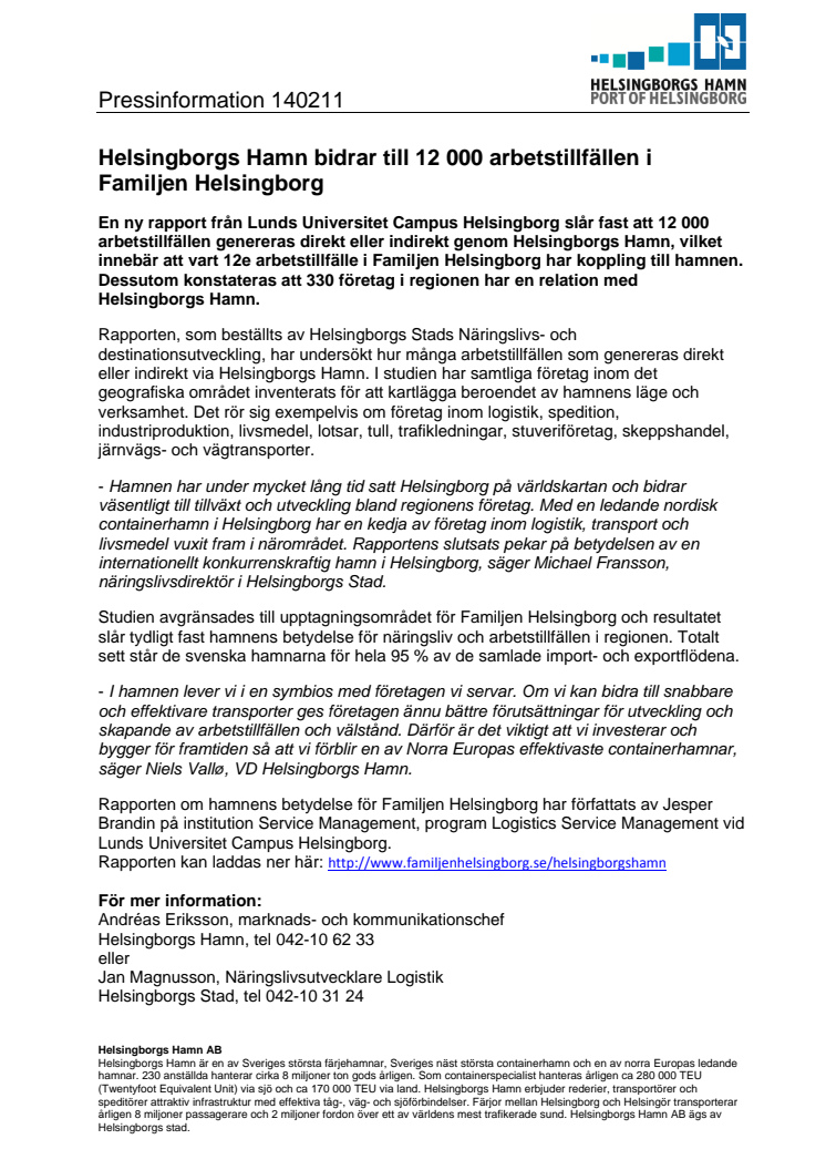 Helsingborgs Hamn bidrar till 12 000 arbetstillfällen i Familjen Helsingborg