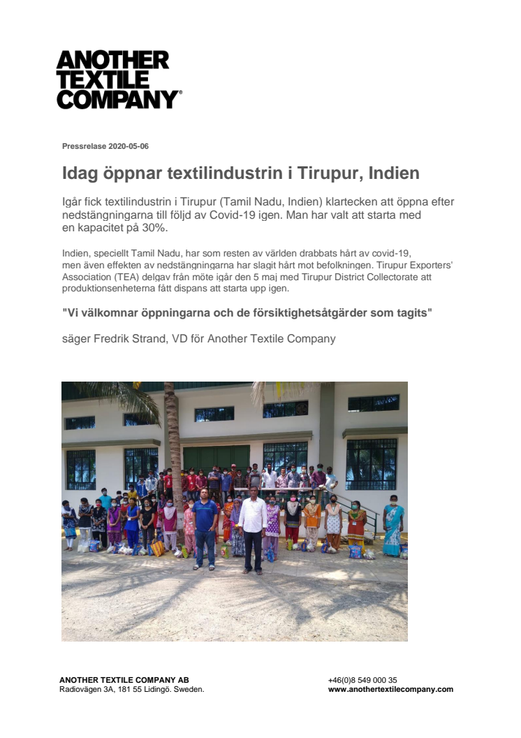 ​Idag öppnar textilindustrin i Tirupur, Indien