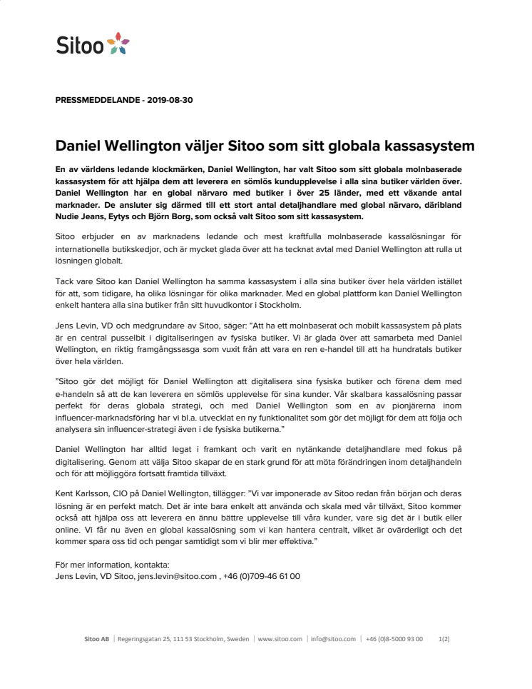 Daniel Wellington väljer Sitoo som sitt globala kassasystem