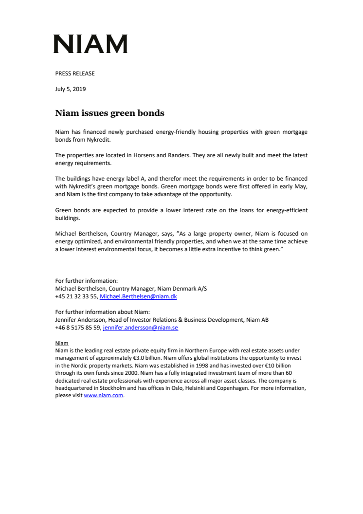 Niam issues green bonds