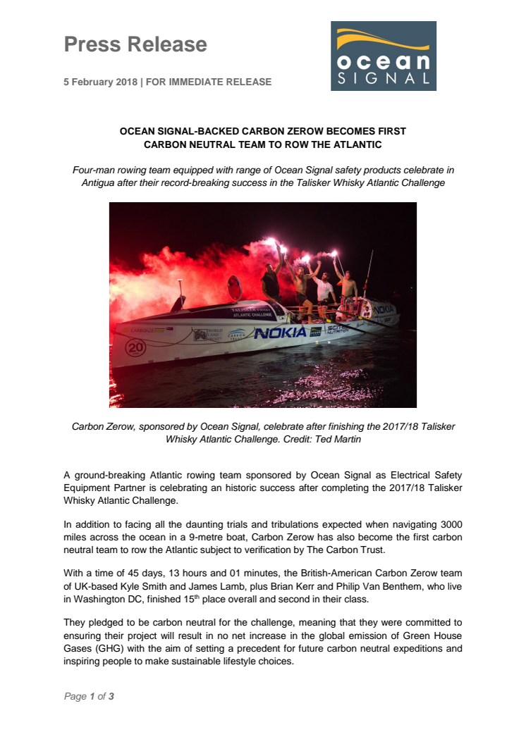 Ocean Signal-Backed Carbon Zerow Becomes First  Carbon Neutral Team to Row the Atlantic