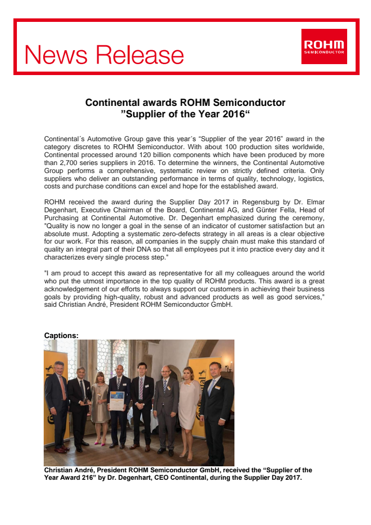 Continental awards ROHM Semiconductor  ”Supplier of the Year 2016“