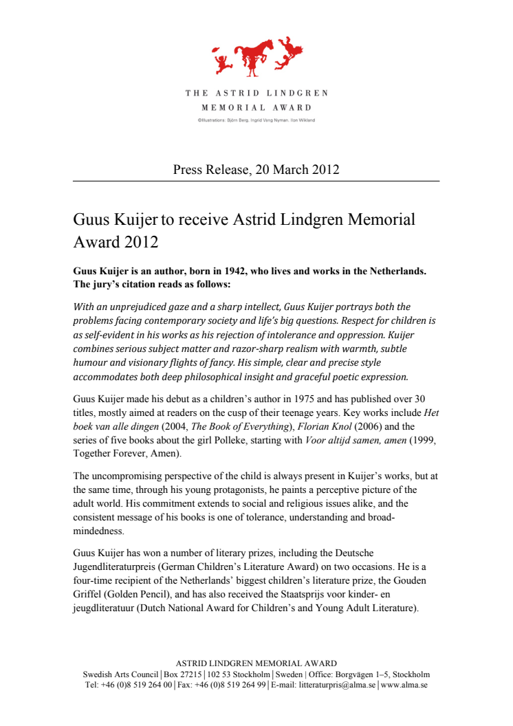 Guus Kuijer to receive Astrid Lindgren Memorial Award 2012