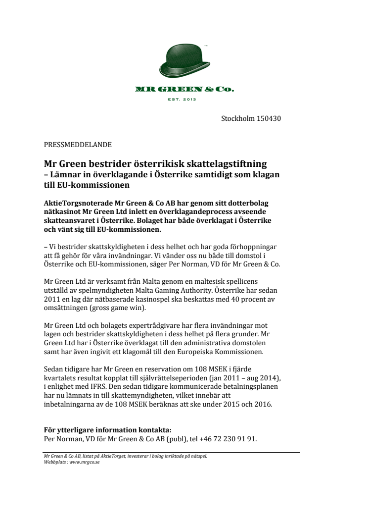 Mr Green bestrider österrikisk skattelagstiftning