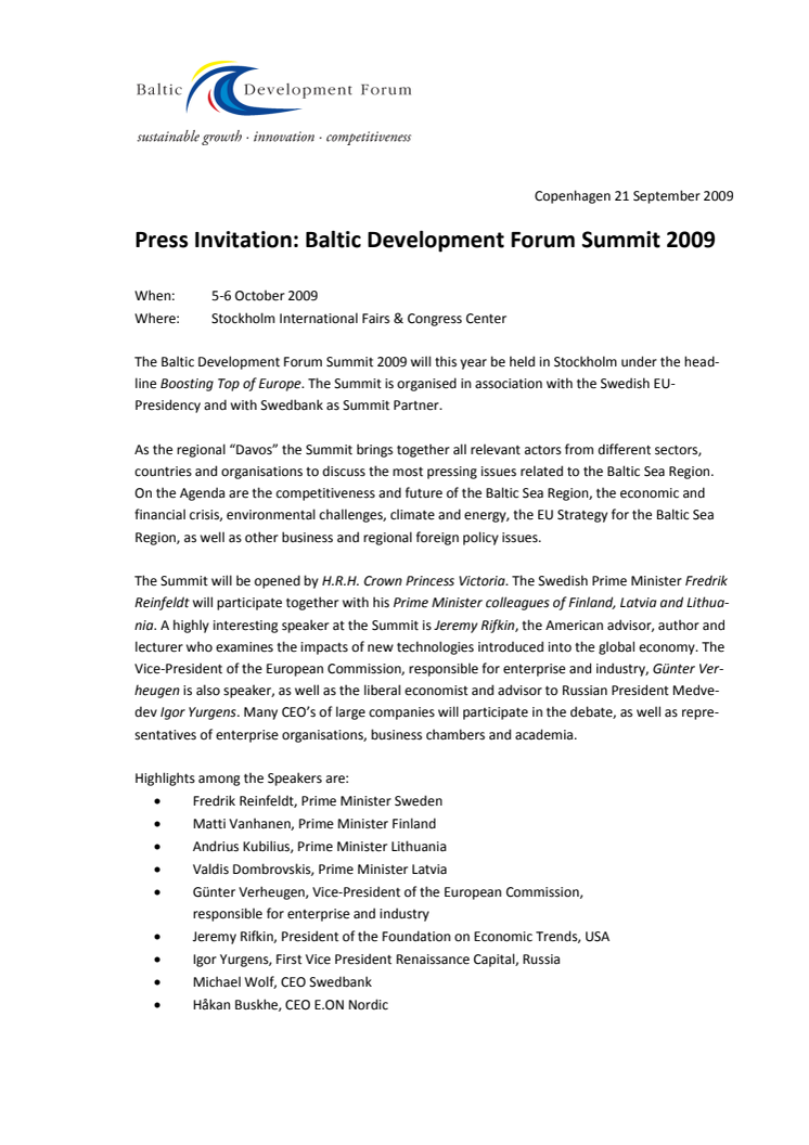 Press Invitation Baltic Development Forum Summit 2009 (English)