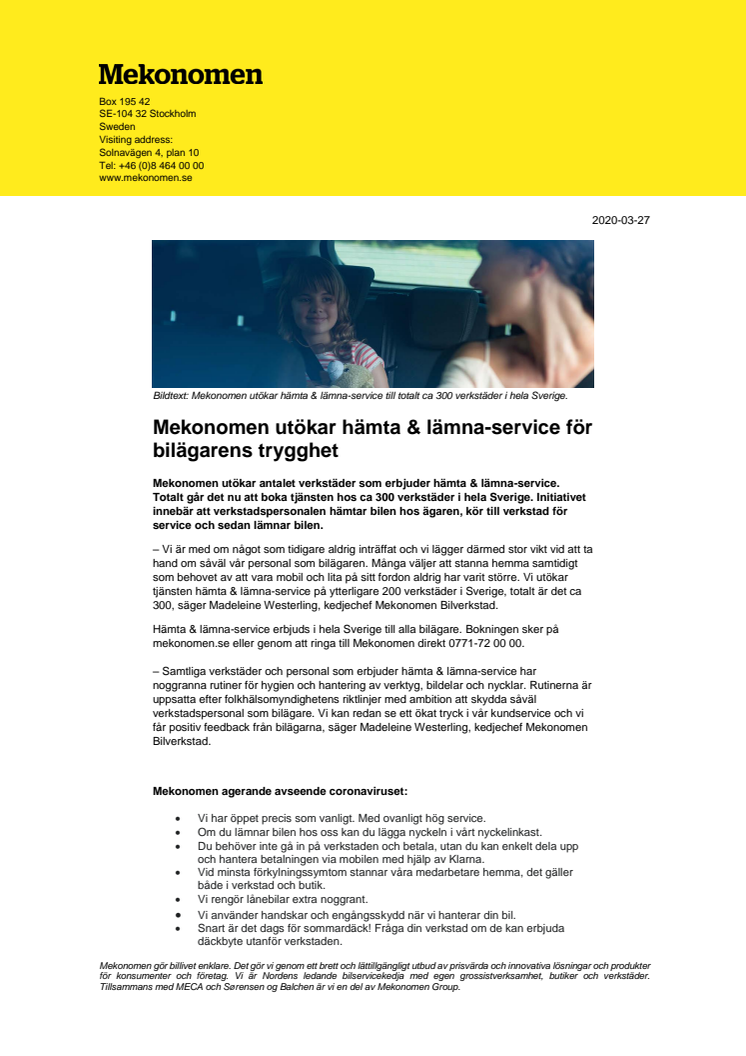 Mekonomen utökar hämta & lämna-service för bilägarens trygghet