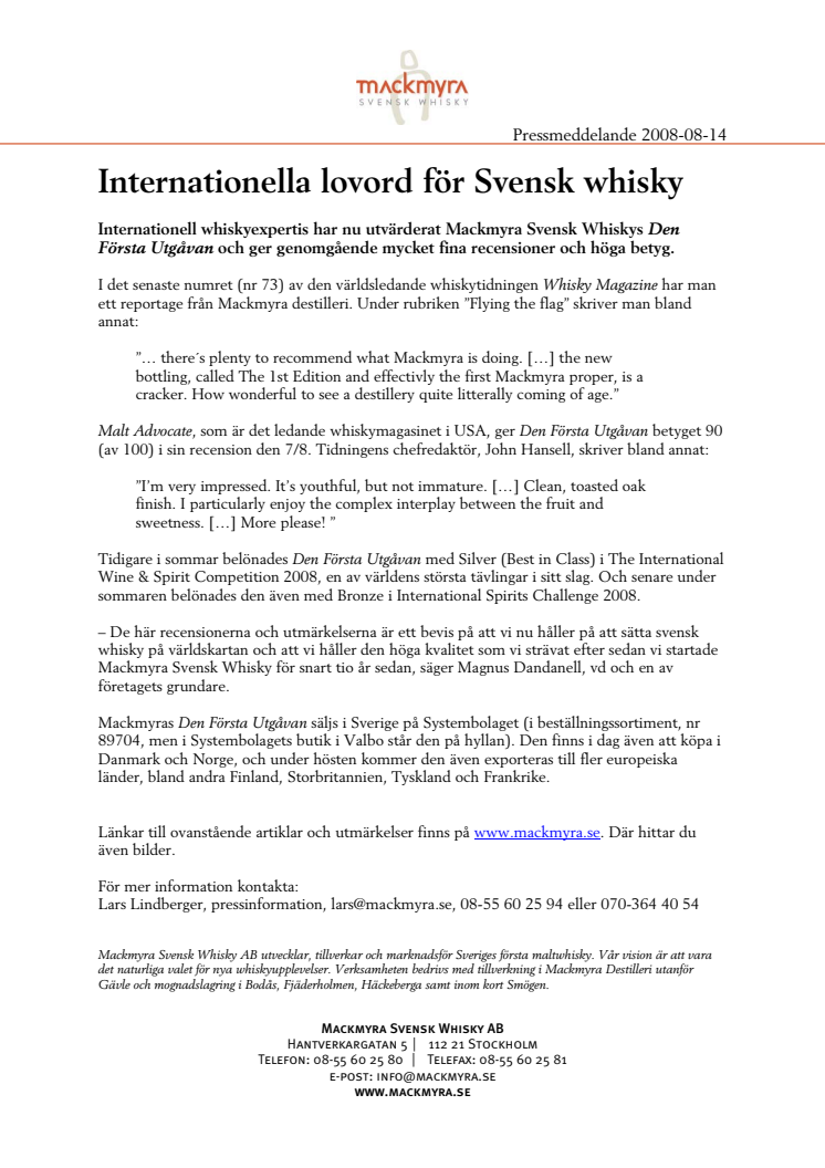Internationella lovord för Svensk whisky