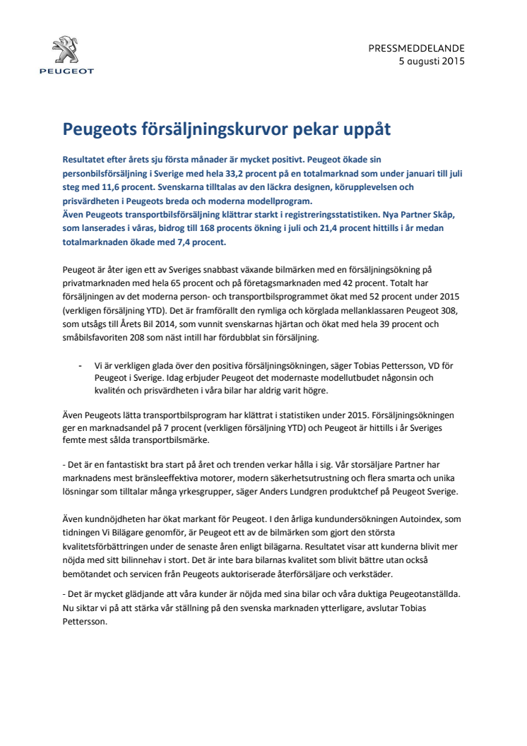 Peugeots försäljningskurvor pekar uppåt