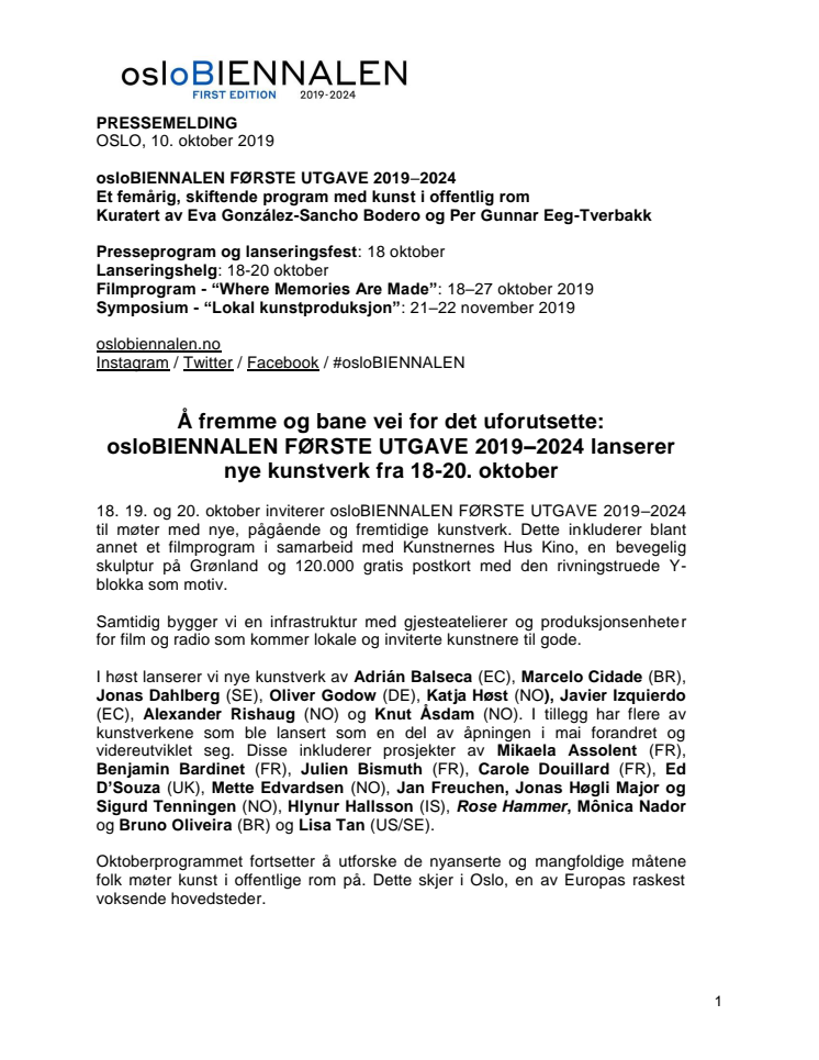 Å fremme og bane vei for det uforutsette: osloBIENNALEN FØRSTE UTGAVE 2019–2024 lanserer nye kunstverk fra 18-20. oktober 
