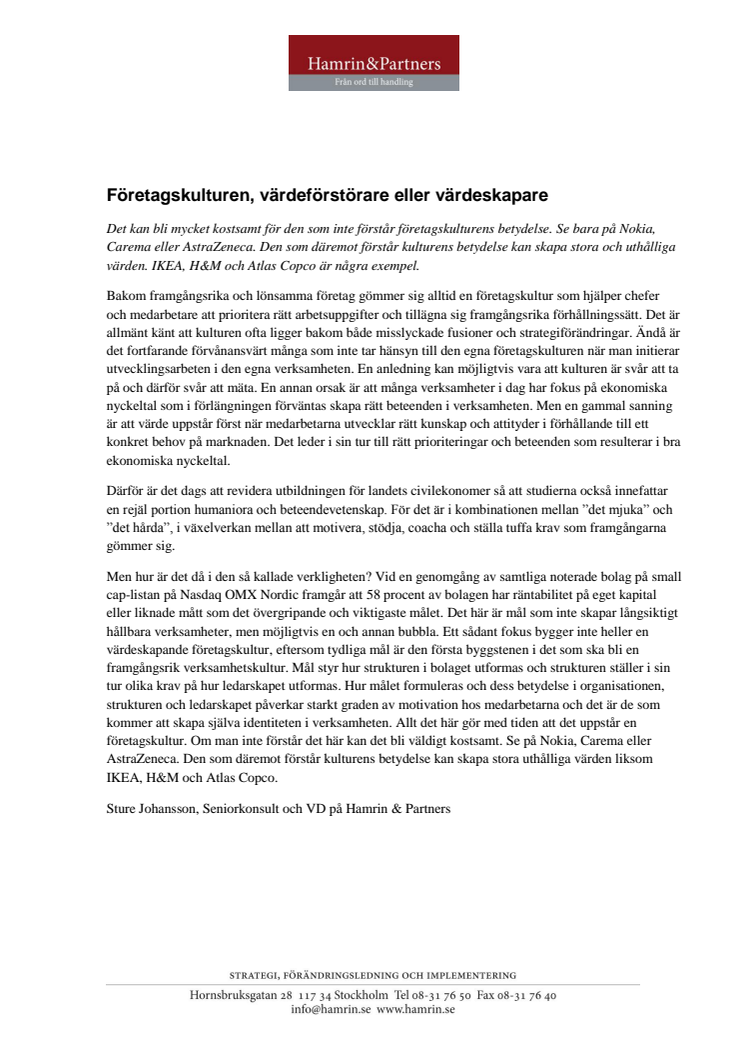 Företagskulturen, värdeförstörare eller värdeskapare