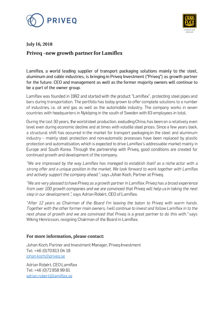 Priveq - a new growth partner for Lamiflex