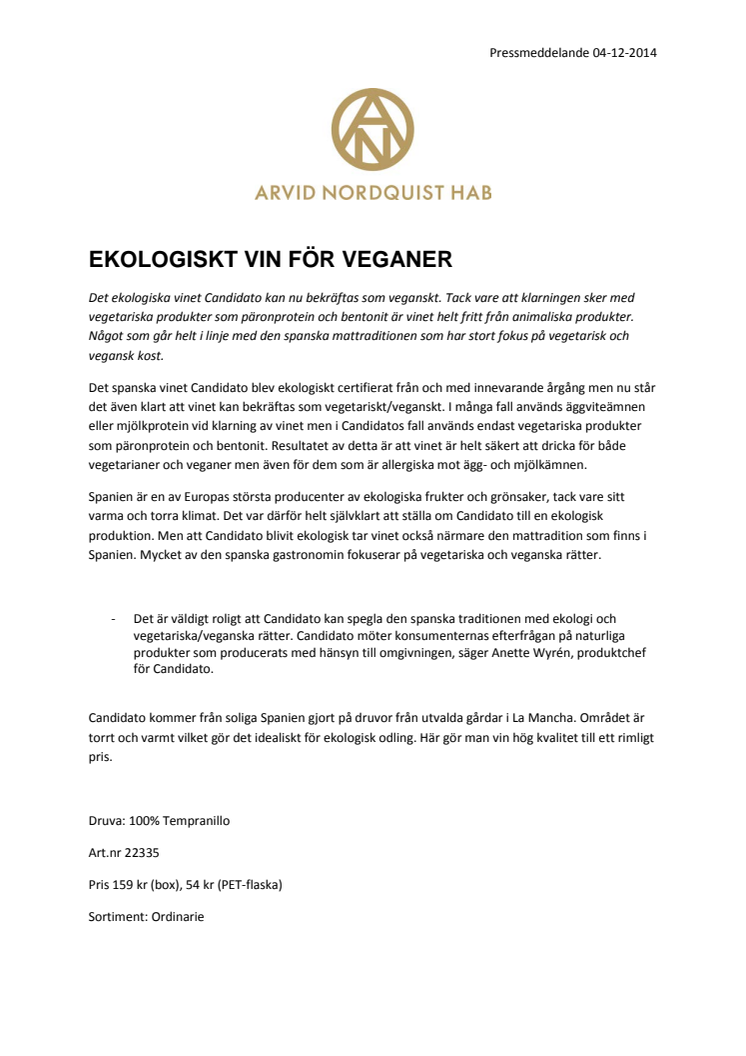 Ekologiskt vin för veganer